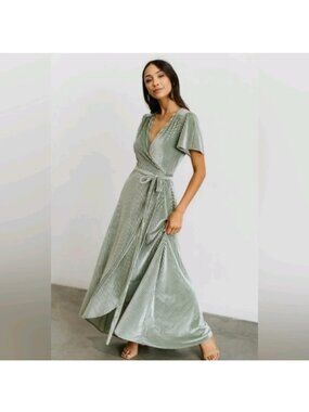 Baltic born Andi dusty sage ribbed velvet wrap dress MEDIUM maxi flutter sleeve